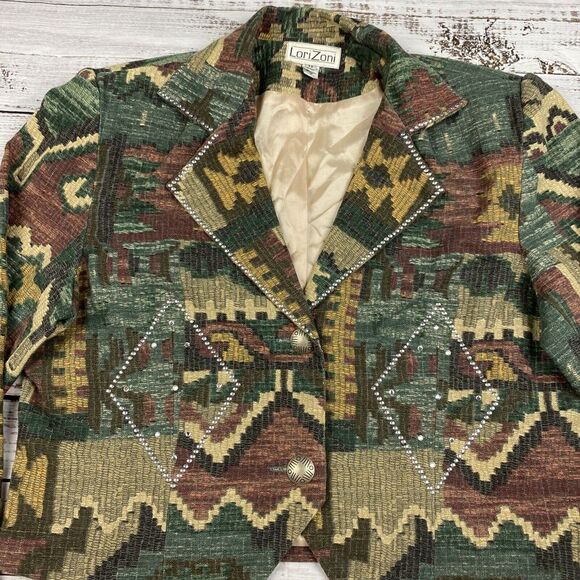 Lori Zoni Vintage Aztec Western Studded Short‎ Crop Blazer Jacket Size Medium - Picture 2 of 8